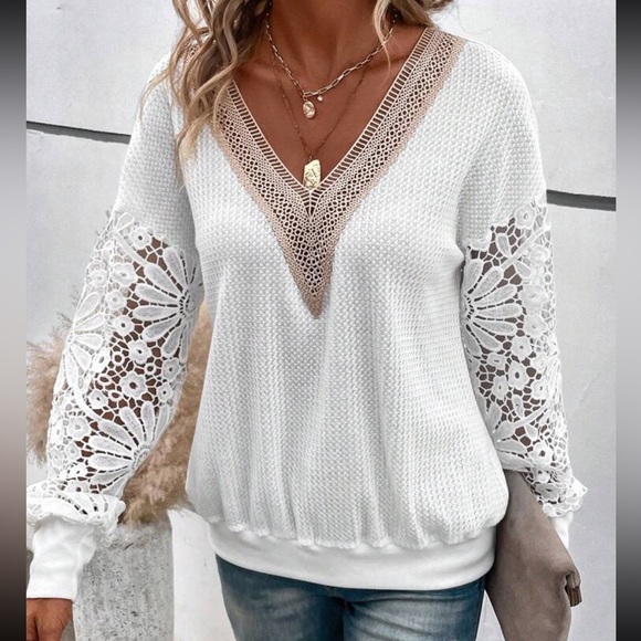 Classic Elegant Sheer Mesh Lace Waffle Knit Long Sleeve Top Shirt - Picture 11 of 11